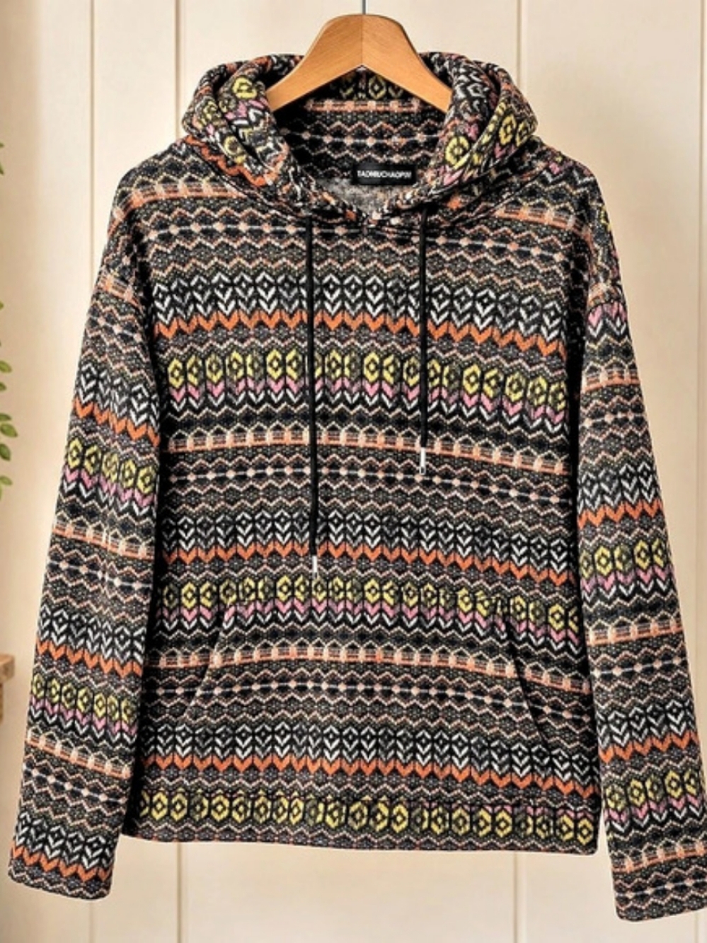TAONIUCHAOPIN Fair Isle Hooded Sweater Cozy Boho Pullover Top PTP 23"